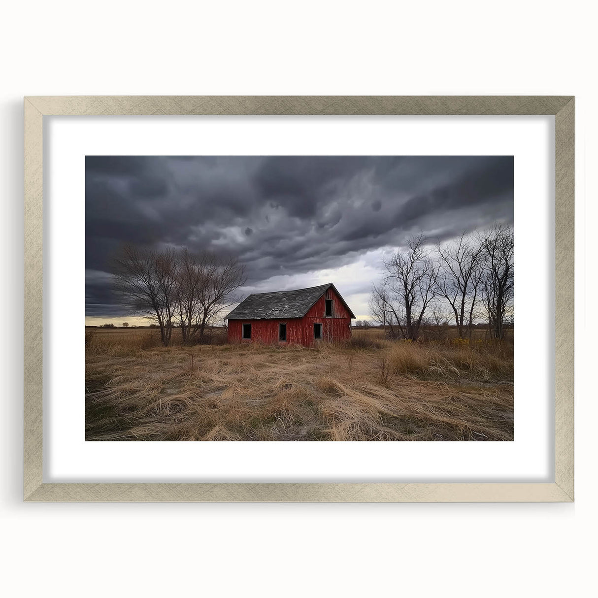 Elegant silver-framed barn landscape design with a mat, showcasing a rustic aesthetic. Perfect for enhancing home decor with countryside charm.