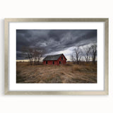Elegant silver-framed barn landscape design with a mat, showcasing a rustic aesthetic. Perfect for enhancing home decor with countryside charm.