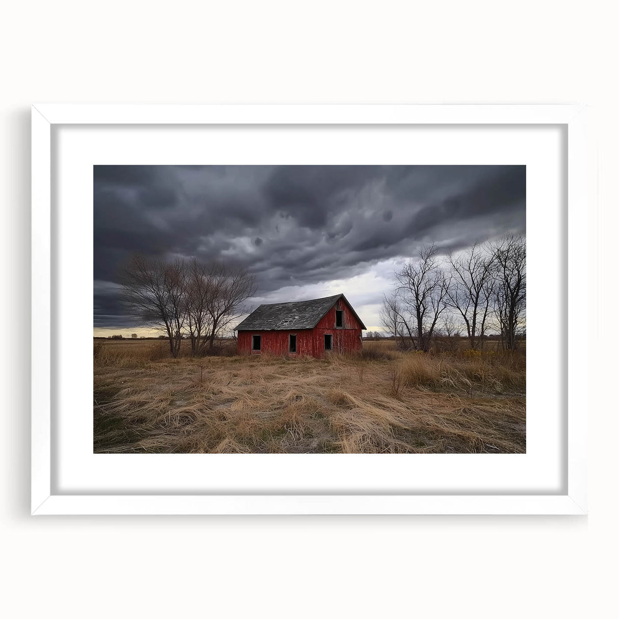 Landscape barn frame design in white matting, showcasing a rustic aesthetic with a warm wood finish, perfect for enhancing home decor in country-style interiors.