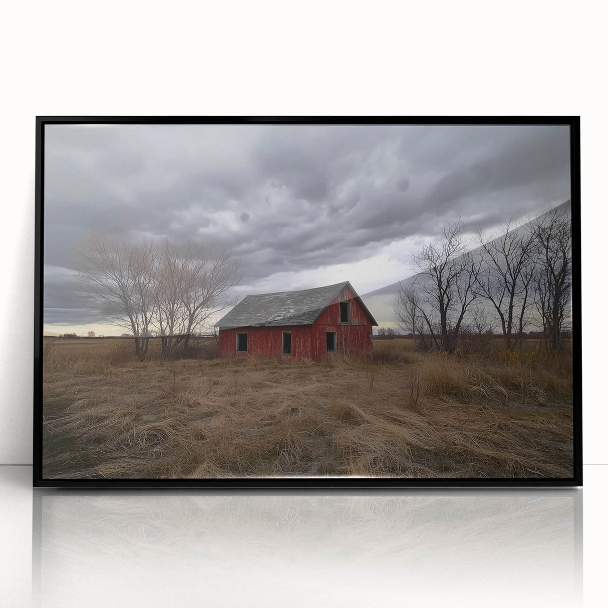 Landscape barn framed acrylic artwork showcasing a picturesque black front view, ideal for modern home decor, emphasizing rustic charm and elegance.