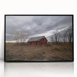 Landscape barn framed acrylic artwork showcasing a picturesque black front view, ideal for modern home decor, emphasizing rustic charm and elegance.