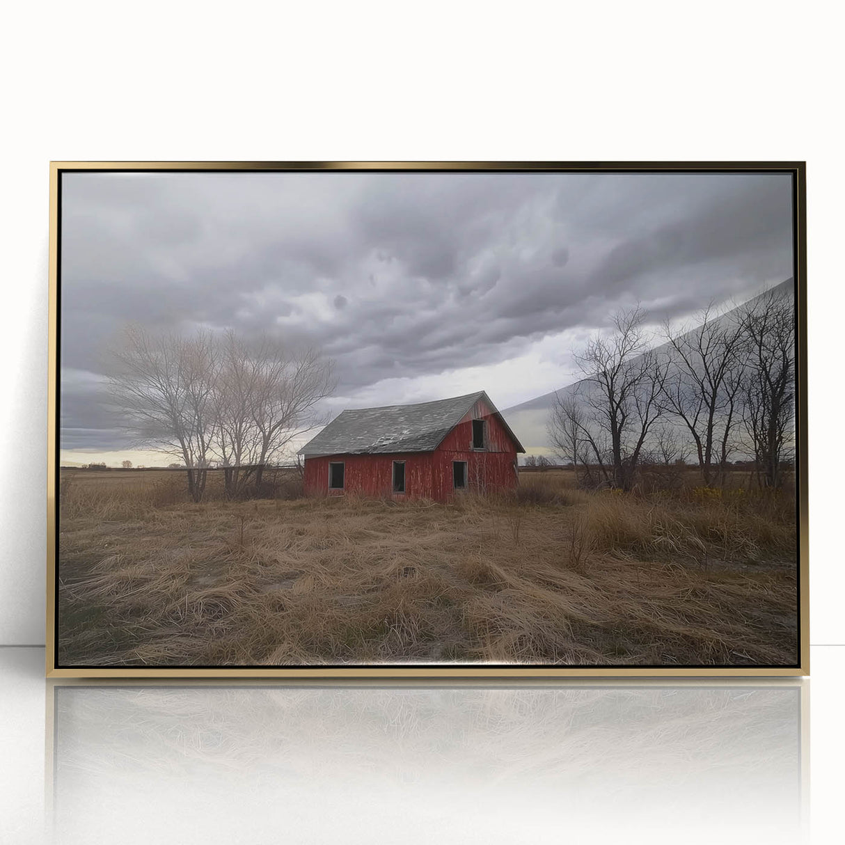 Barn-framed acrylic art piece showcasing a serene landscape scene with golden hues, perfect for home decor. The artwork enhances rustic interiors and evokes tranquility.