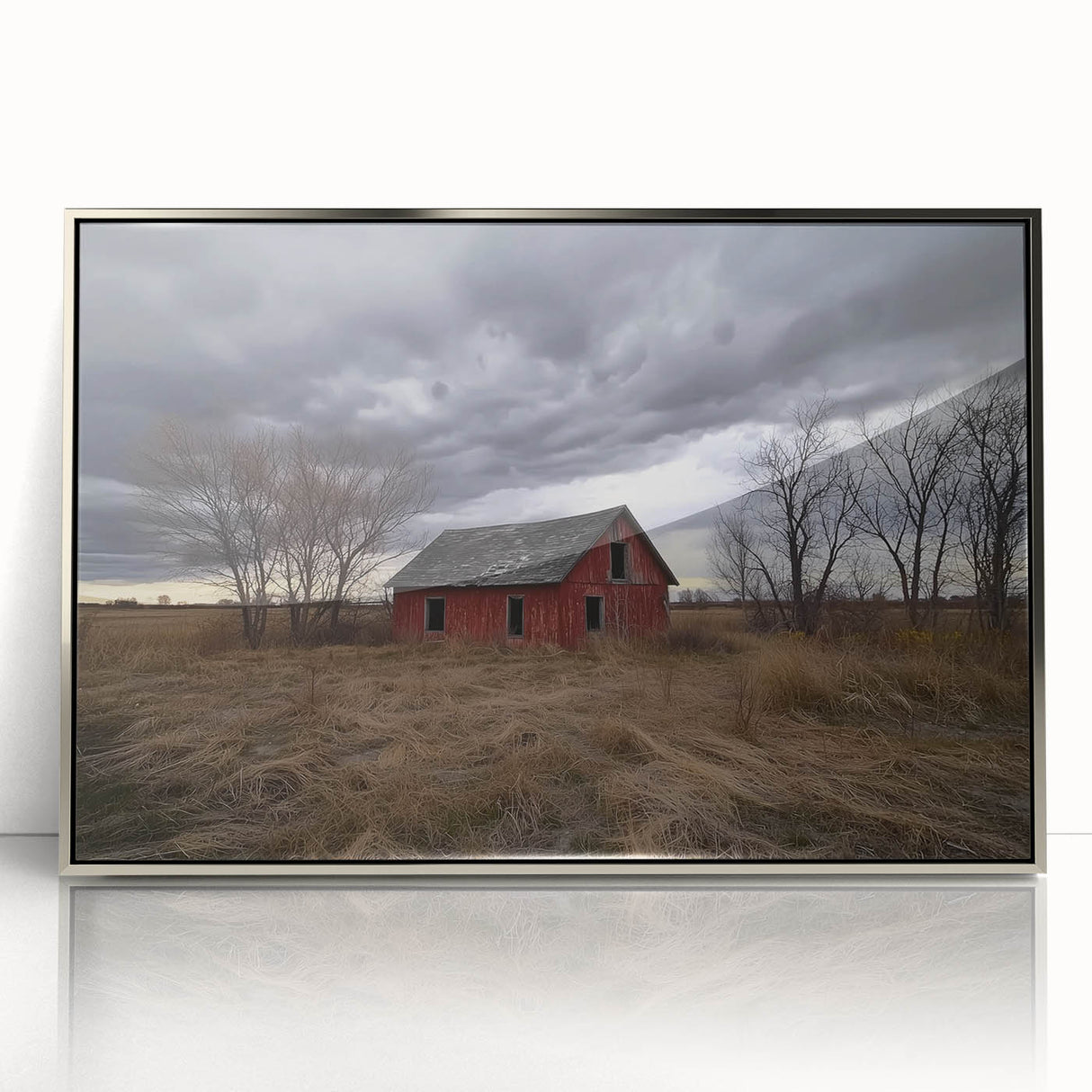 Barn-framed acrylic silver landscape artwork showcasing a serene rural scene with vibrant colors and intricate details, perfect for home decor or office settings.