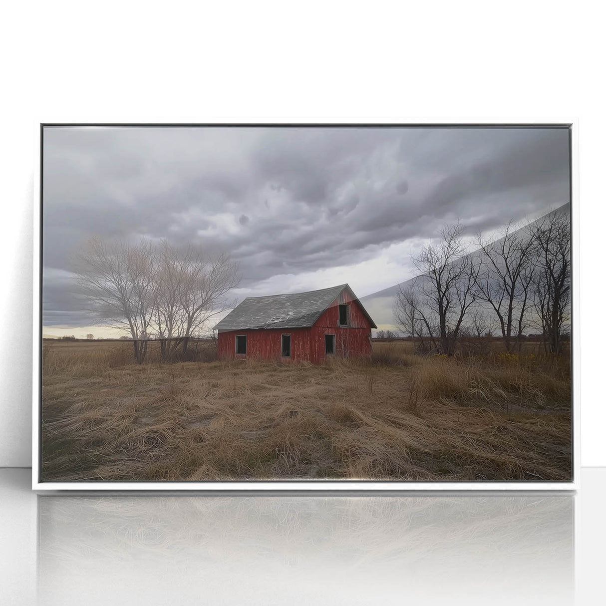 Landscape barn-framed acrylic artwork featuring a serene rural scene with vibrant colors, showcasing a white frame and elegant design, perfect for home decor.
