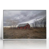 Landscape barn-framed acrylic artwork featuring a serene rural scene with vibrant colors, showcasing a white frame and elegant design, perfect for home decor.