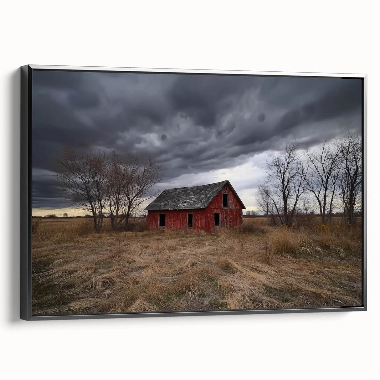 Barn-framed canvas artwork showcasing a vibrant landscape scene with rich colors and intricate details, viewed from the side. Ideal for enhancing home decor with nature-inspired themes.