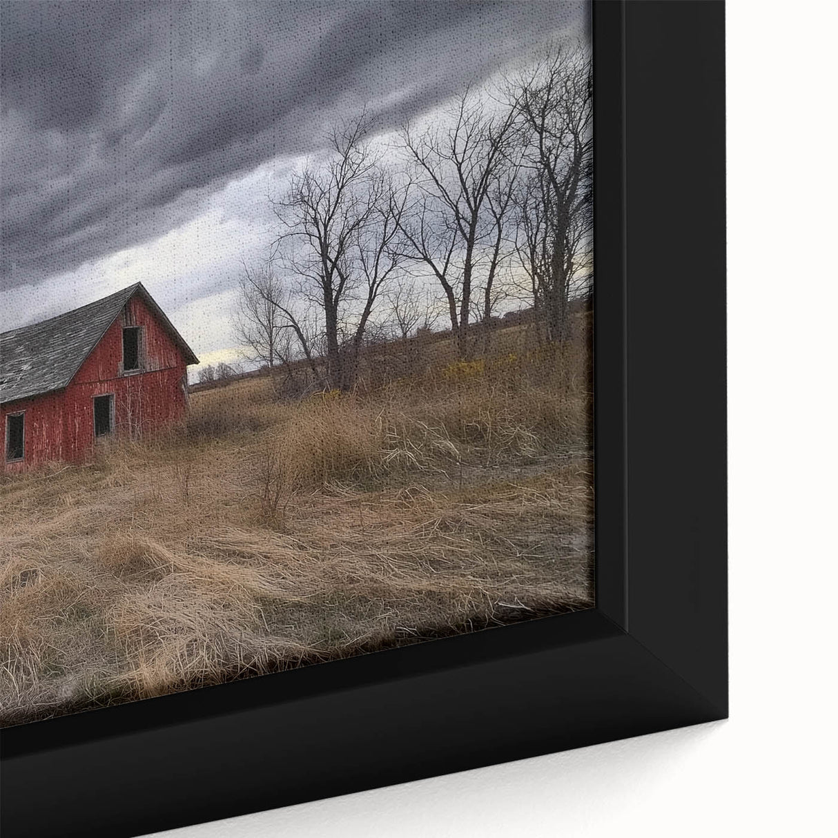 Close-up of a landscape barn framed canvas print showcasing intricate details, vibrant colors, and a rustic aesthetic, perfect for home decor enthusiasts.