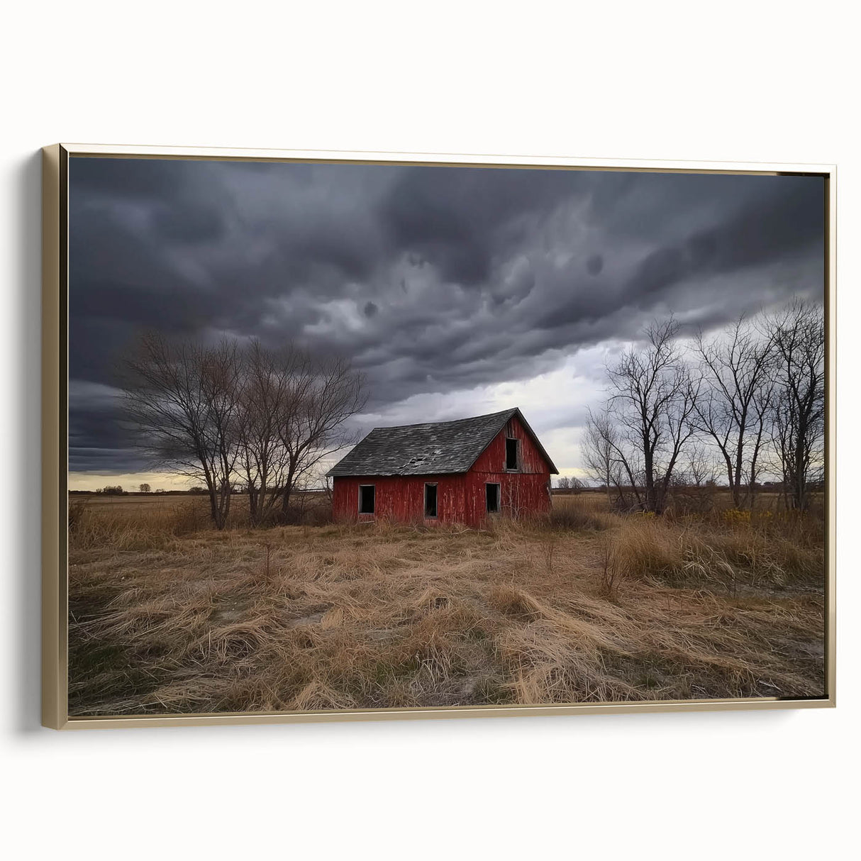 Elegant side view of a barn-framed canvas showcasing a vibrant landscape design with rich gold accents, ideal for enhancing home decor aesthetics.