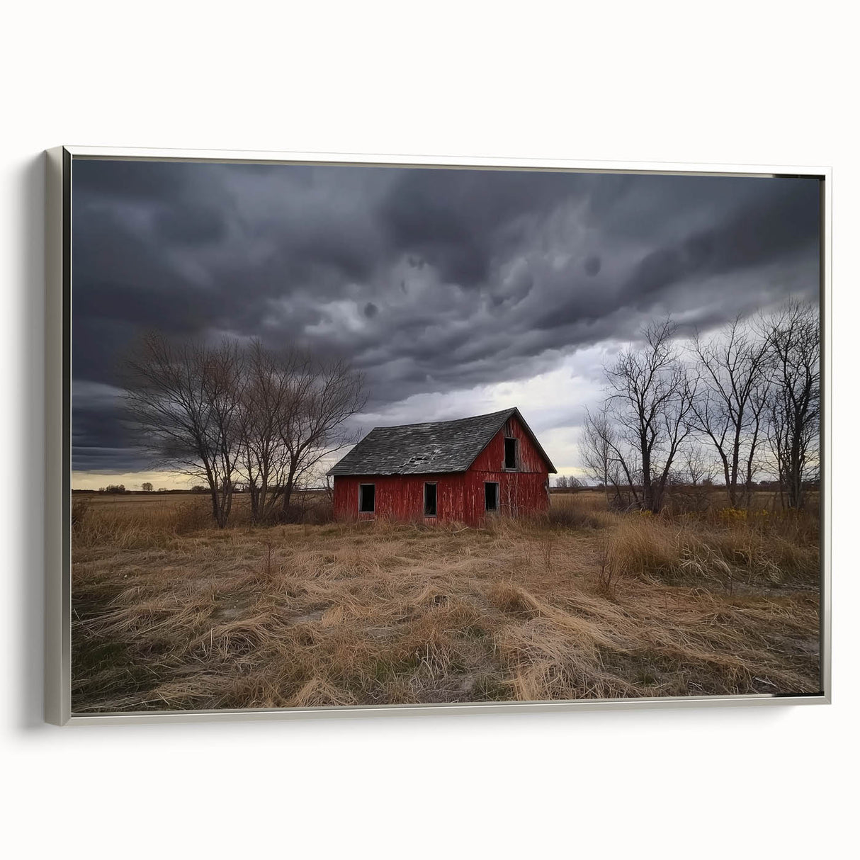 Elegant barn landscape framed canvas showcasing a serene rural scene with silver accents, perfect for home decor. Ideal for creating a calming atmosphere.