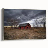 Elegant barn landscape framed canvas showcasing a serene rural scene with silver accents, perfect for home decor. Ideal for creating a calming atmosphere.