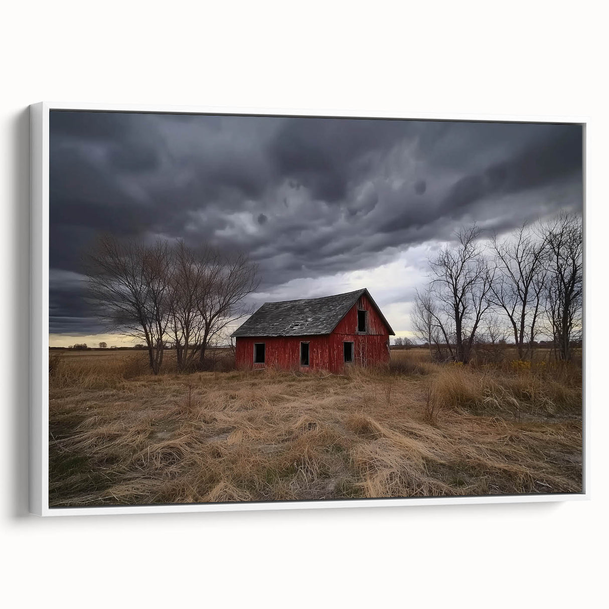Landscape barn-framed canvas showcasing a serene rural scene with a soft color palette, highlighting the rustic charm of countryside life, perfect for home decor.