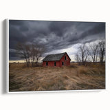 Landscape barn-framed canvas showcasing a serene rural scene with a soft color palette, highlighting the rustic charm of countryside life, perfect for home decor.