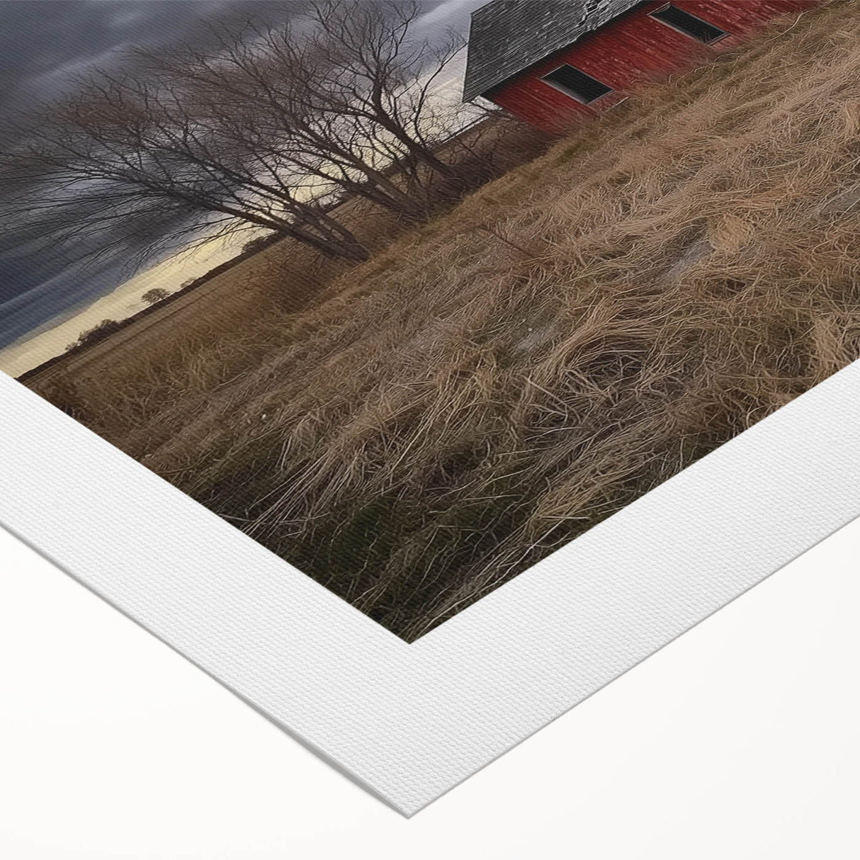 Rolled canvas showcasing a vibrant landscape design with a rustic barn, featuring rich colors and textures, perfect for home decor display or art collection.