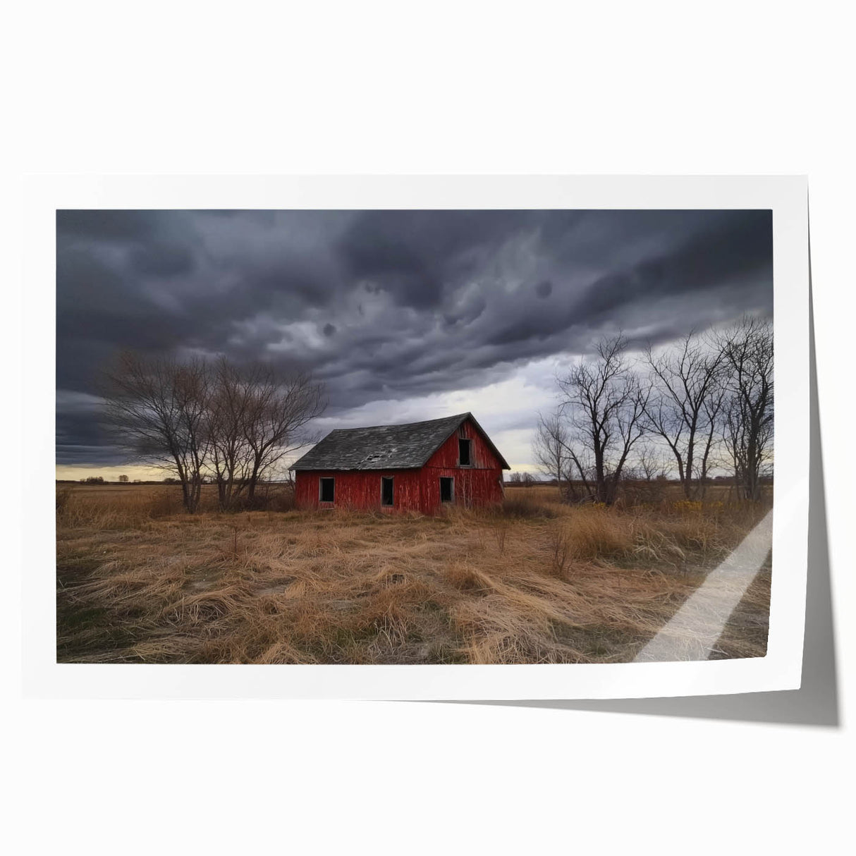 Landscape barn print rolled canvas showcasing rustic farm scenery with vibrant green fields, blue sky, and a classic red barn, securely packaged for delivery.