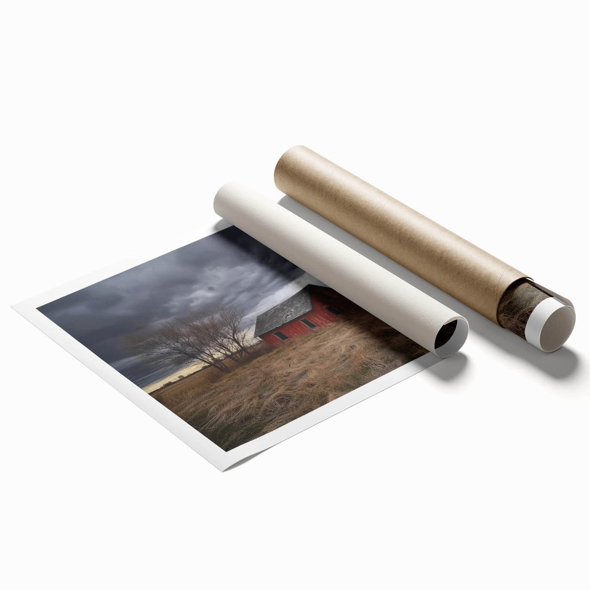 Rolled print of a serene landscape depicting a rustic barn surrounded by lush greenery, showcasing vibrant colors and soft textures, ideal for home decor.