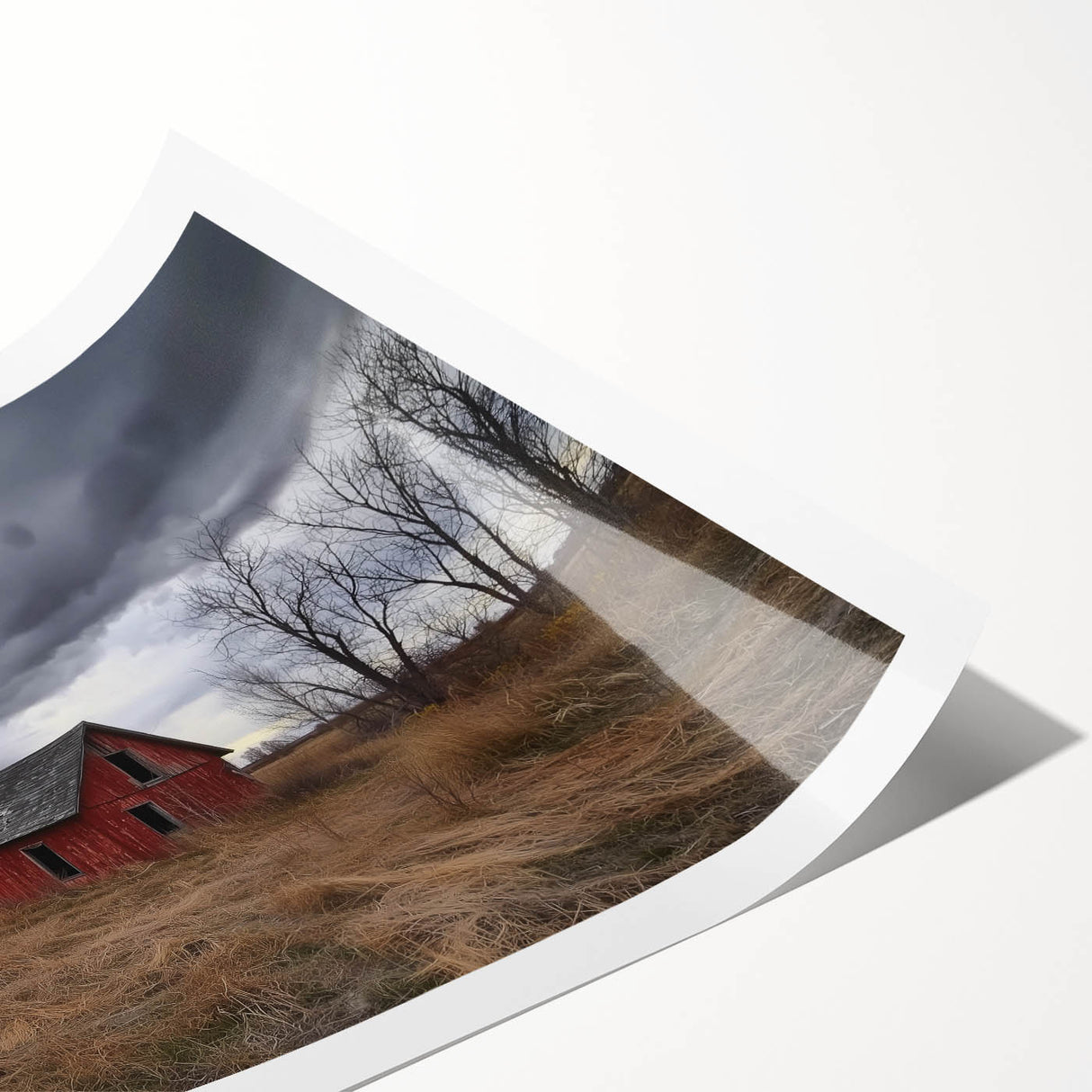 Landscape barn print showcasing a serene rural scene with a rustic wooden barn, vibrant green fields, and a clear blue sky, ideal for home decor.