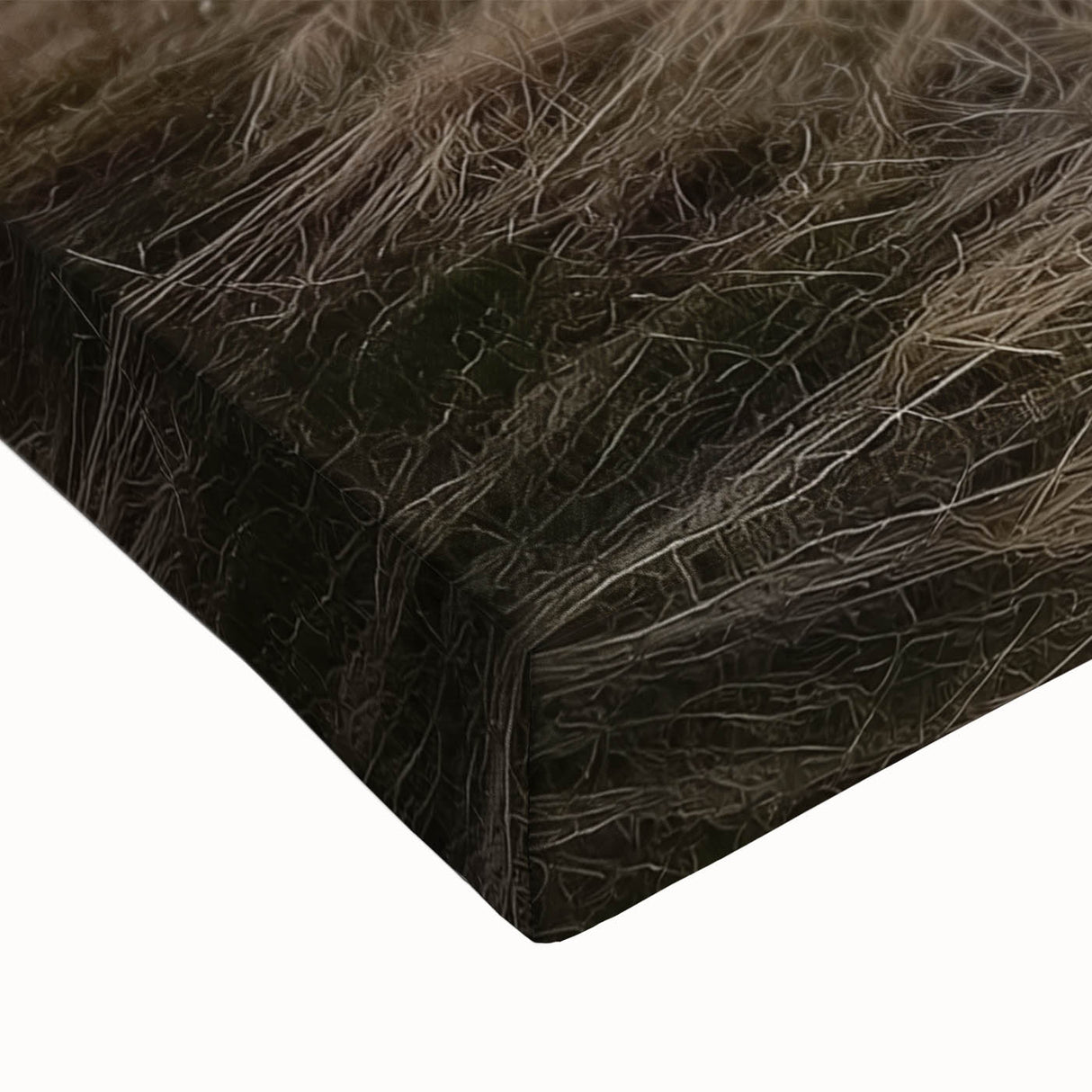 Close-up of a stretched canvas featuring a vibrant landscape scene of a barn surrounded by lush greenery, showcasing rich colors and intricate textures, perfect for rustic decor.