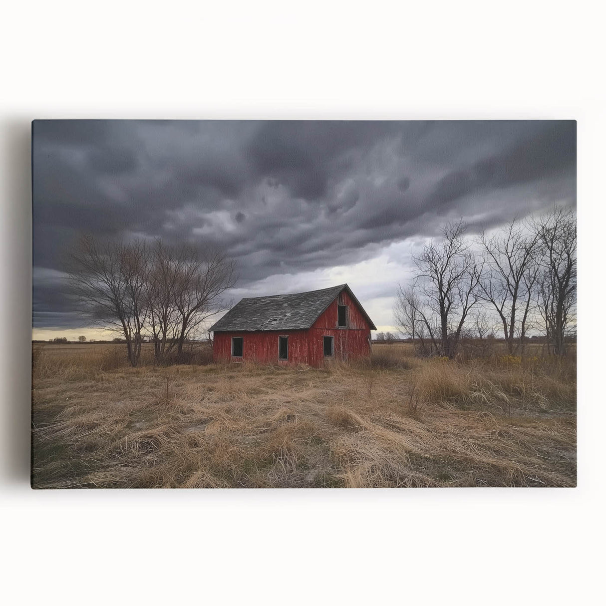 Stretched canvas print showcasing a stunning landscape of a rustic barn surrounded by vibrant fields and a clear blue sky, ideal for farmhouse decor enthusiasts.