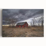 Stretched canvas print showcasing a stunning landscape of a rustic barn surrounded by vibrant fields and a clear blue sky, ideal for farmhouse decor enthusiasts.