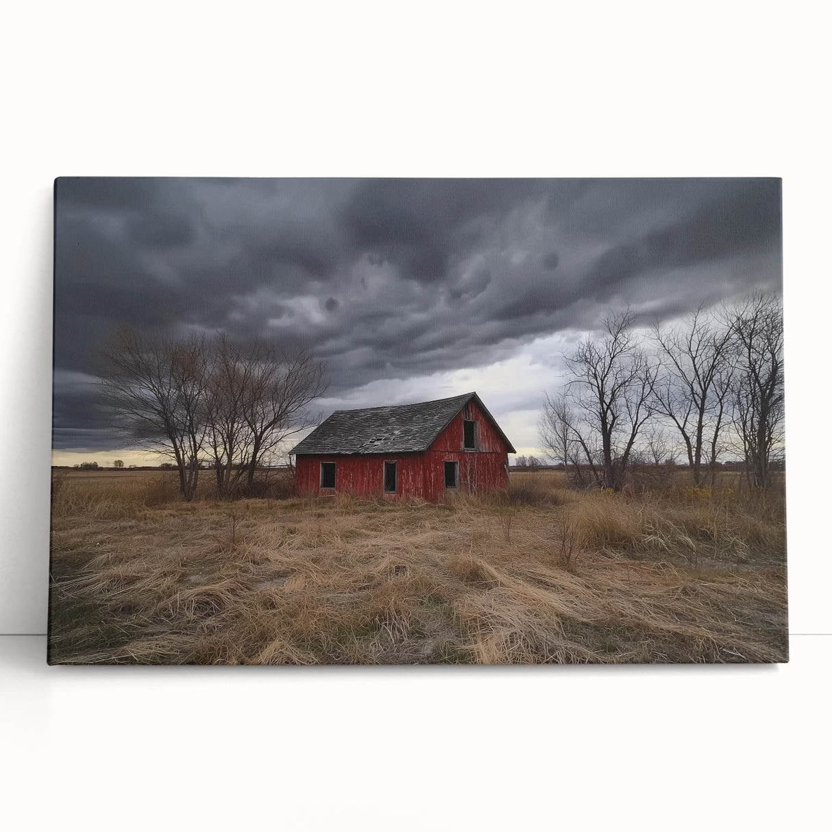 Stretched canvas artwork depicting a tranquil landscape scene of a rustic barn surrounded by lush greenery, perfect for home or office decor. The warm colors and serene setting evoke a sense of calm and nostalgia, ideal for enhancing any interior space.