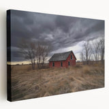 Stretched canvas artwork showcasing a serene landscape of a barn surrounded by lush greenery, highlighting vibrant colors and intricate details for home decor.