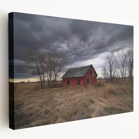 Stretched canvas artwork showcasing a serene landscape of a barn surrounded by lush greenery, highlighting vibrant colors and intricate details for home decor.