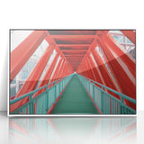 Framed acrylic artwork showcasing a vibrant landscape bridge design in shades of blue and green, perfect for enhancing modern home decor. Ideal for art enthusiasts seeking unique wall pieces.