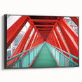 Framed canvas artwork depicting a landscape scene with a bridge, showcased from a black side view, ideal for enhancing home decor and art collections.