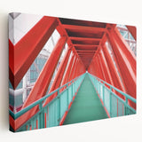 Side view of a stretched canvas print depicting a serene landscape bridge scene, featuring vibrant colors and intricate details, ideal for home decor enhancement.