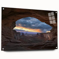 Acrylic glass artwork showcasing a vibrant landscape of canyons, featuring rich colors and intricate details, displayed from a side view with decorative pins for wall mounting.