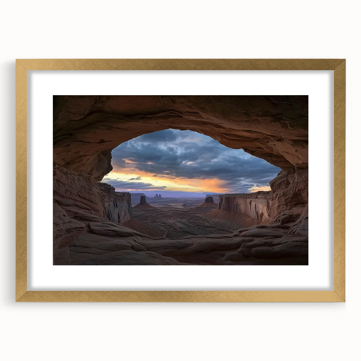 Framed landscape artwork showcasing vibrant canyons with a gold mat, perfect for home decor. Ideal for adding a touch of elegance to any living space.