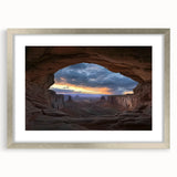 Landscape artwork featuring a stunning canyon scene framed in silver with a white mat, ideal for home decor or office spaces, showcasing vibrant colors and intricate details. Perfect for nature enthusiasts and art collectors alike.