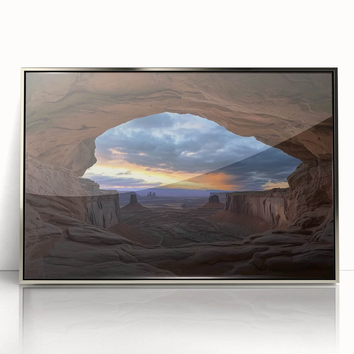 Framed acrylic artwork depicting a stunning landscape of canyons in silver tones, showcasing intricate details and vibrant colors, ideal for modern home decor.
