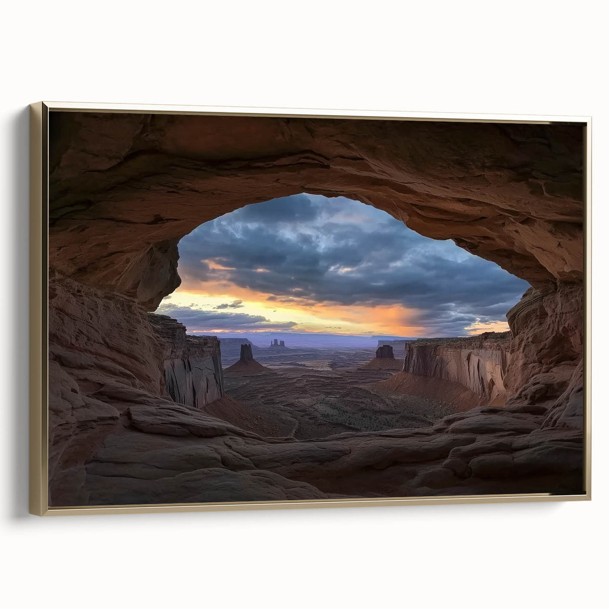 Framed canvas artwork depicting a stunning landscape of canyons with intricate details, featuring a gold frame, perfect for adding elegance to home decor.