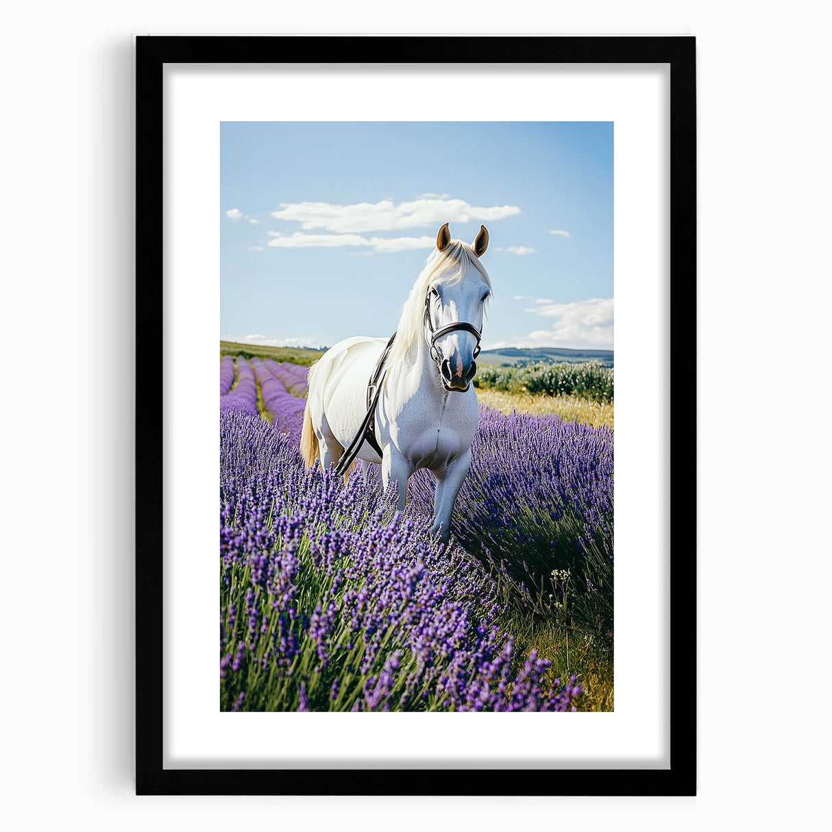 Elegant black-framed landscape artwork depicting a serene countryside scene with a white mat, ideal for enhancing home decor and creating a calming atmosphere.