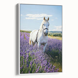 Framed canvas artwork depicting a serene countryside landscape, showcasing lush green fields and a clear blue sky, presented in a sleek white frame for elegant home decor.