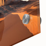 Close-up of a vibrant acrylic landscape painting depicting a serene desert scene, showcasing warm orange and yellow hues, perfect for home decor or art collections.