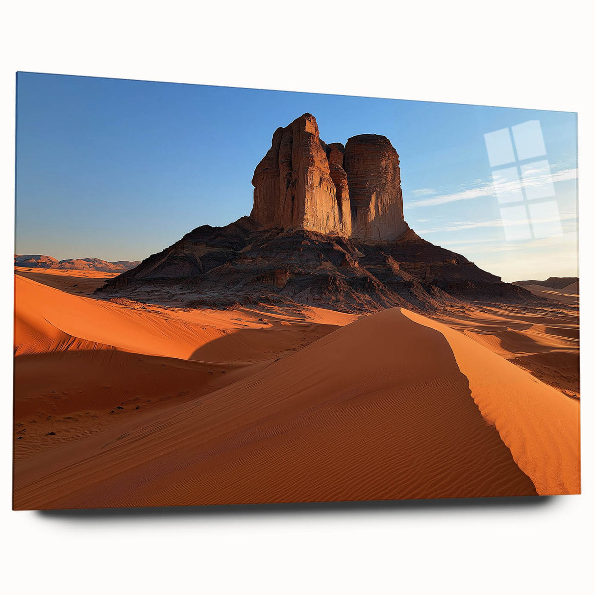 Acrylic glass artwork showcasing a vibrant desert landscape in warm hues, highlighting textured details and a side view without pins for elegant display.