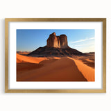 Desert landscape artwork framed in elegant gold with a mat, showcasing vibrant hues and intricate details, perfect for home decor or gallery display.