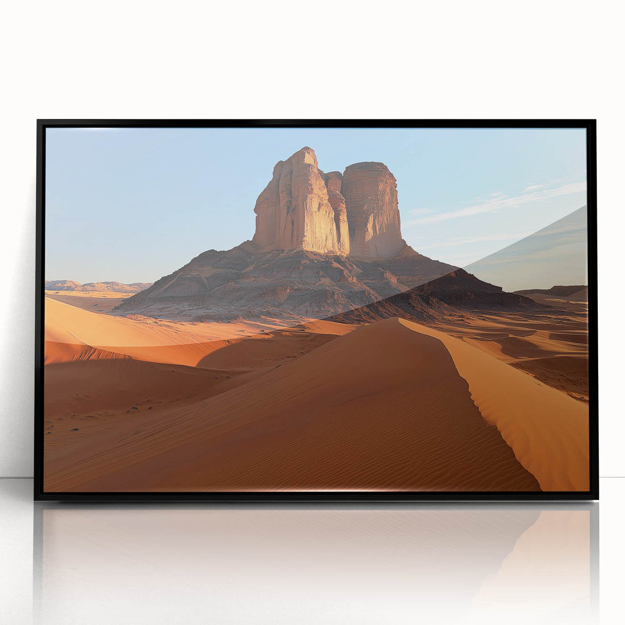 Framed acrylic artwork showcasing a vibrant desert landscape with hues of orange and yellow, set in a sleek black frame, ideal for home decor enthusiasts.
