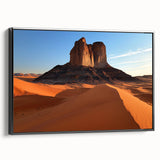 Framed canvas artwork showcasing a vibrant desert landscape with warm tones and intricate details, displayed against a sleek black frame for a modern touch.