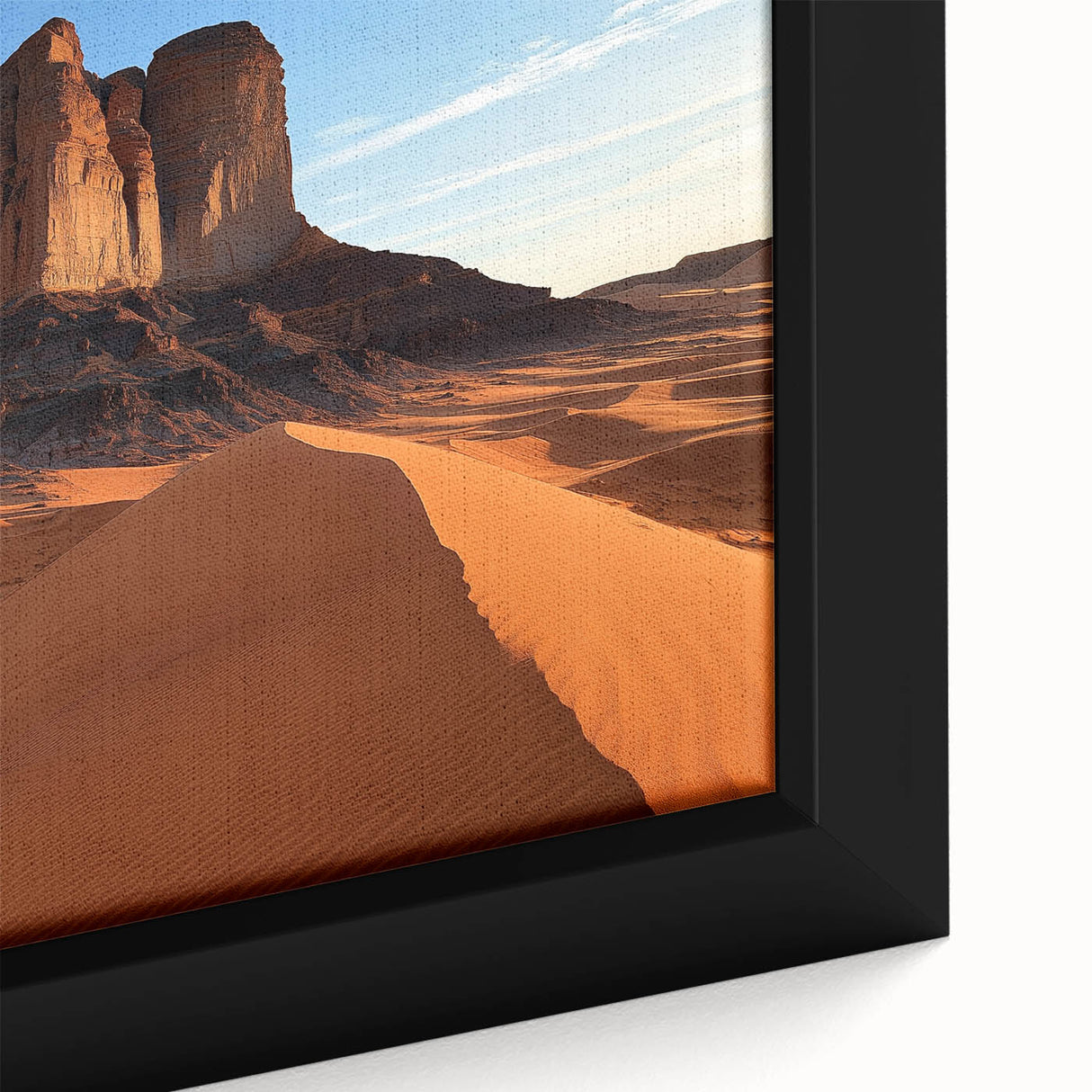 Close-up of a beautifully framed desert landscape canvas, showcasing vibrant colors and intricate details of the arid terrain, ideal for home decor.