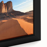 Close-up of a beautifully framed desert landscape canvas, showcasing vibrant colors and intricate details of the arid terrain, ideal for home decor.