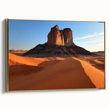 Framed canvas artwork showcasing a stunning desert landscape design with gold accents, side view highlighting its elegant frame and vibrant colors. Ideal for home decor.