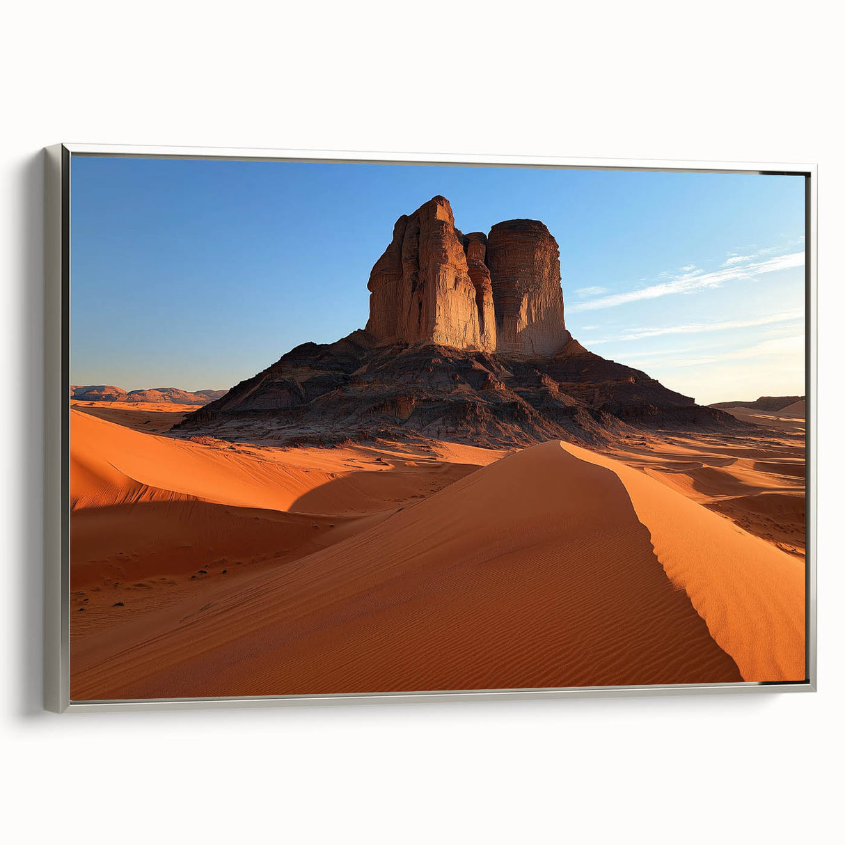 Framed canvas depicting an expansive desert landscape with rich orange and beige hues, featuring a silver frame that enhances its modern aesthetic, ideal for home decor.