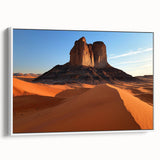 Framed canvas artwork depicting a vibrant desert landscape with rich colors and intricate details, showcased from a white side view to highlight its elegance.