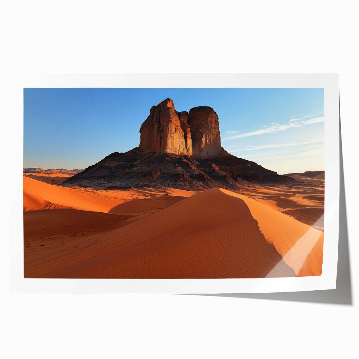 Desert landscape rolled canvas print showcasing vibrant hues of orange and yellow, depicting a serene sunset over sandy dunes, packaged in a protective tube.