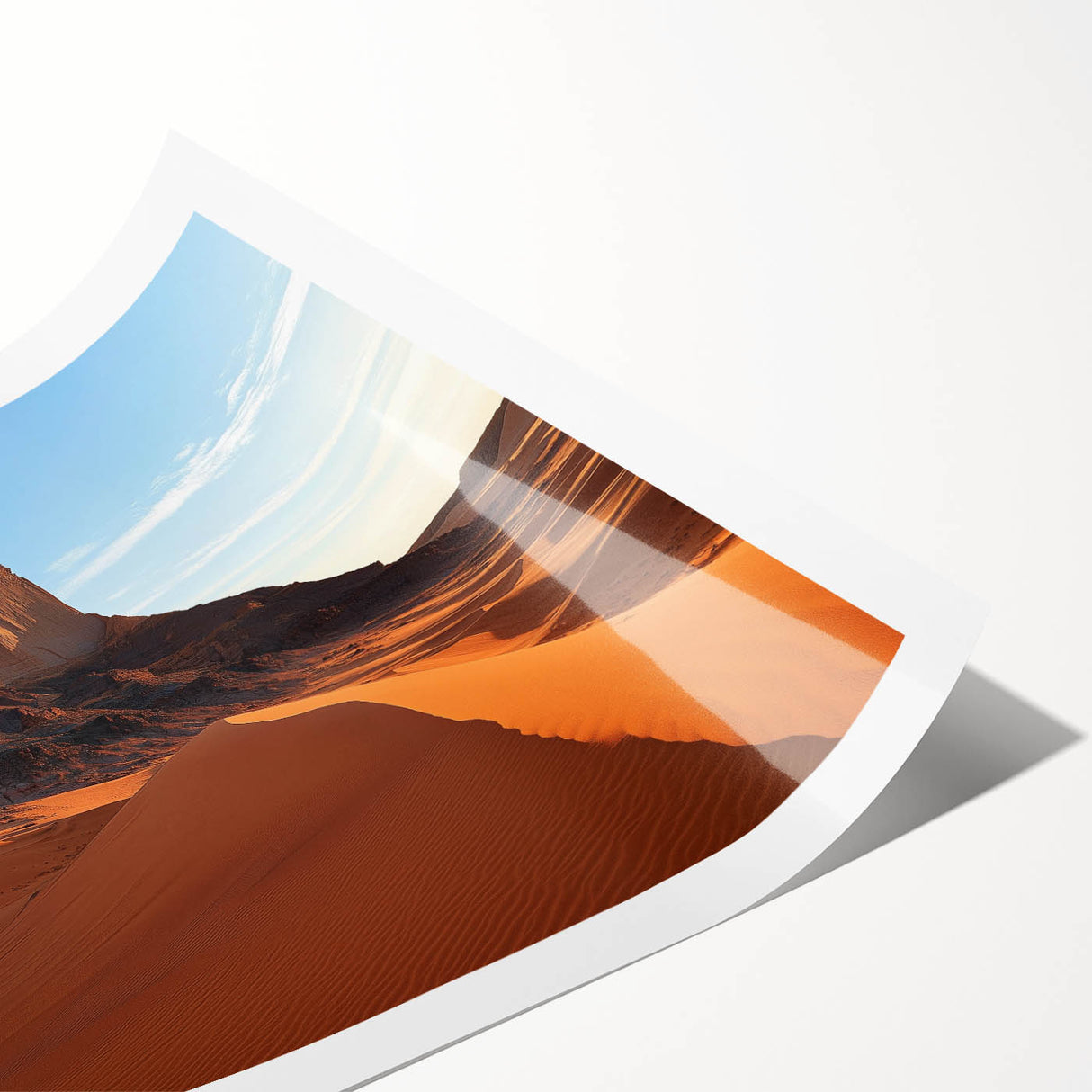Desert landscape rolled canvas print showcasing vibrant hues of orange and yellow, expertly designed to evoke the serene beauty of arid environments, packaged securely in a protective cardboard tube.