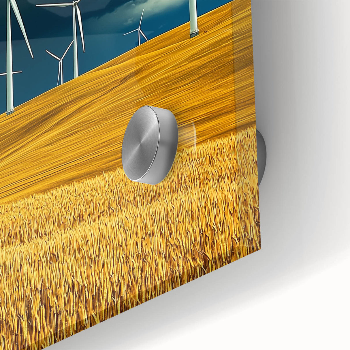 Close-up of a vibrant acrylic landscape artwork depicting rolling green fields under a bright blue sky, showcasing fine details and rich colors, ideal for home decor.