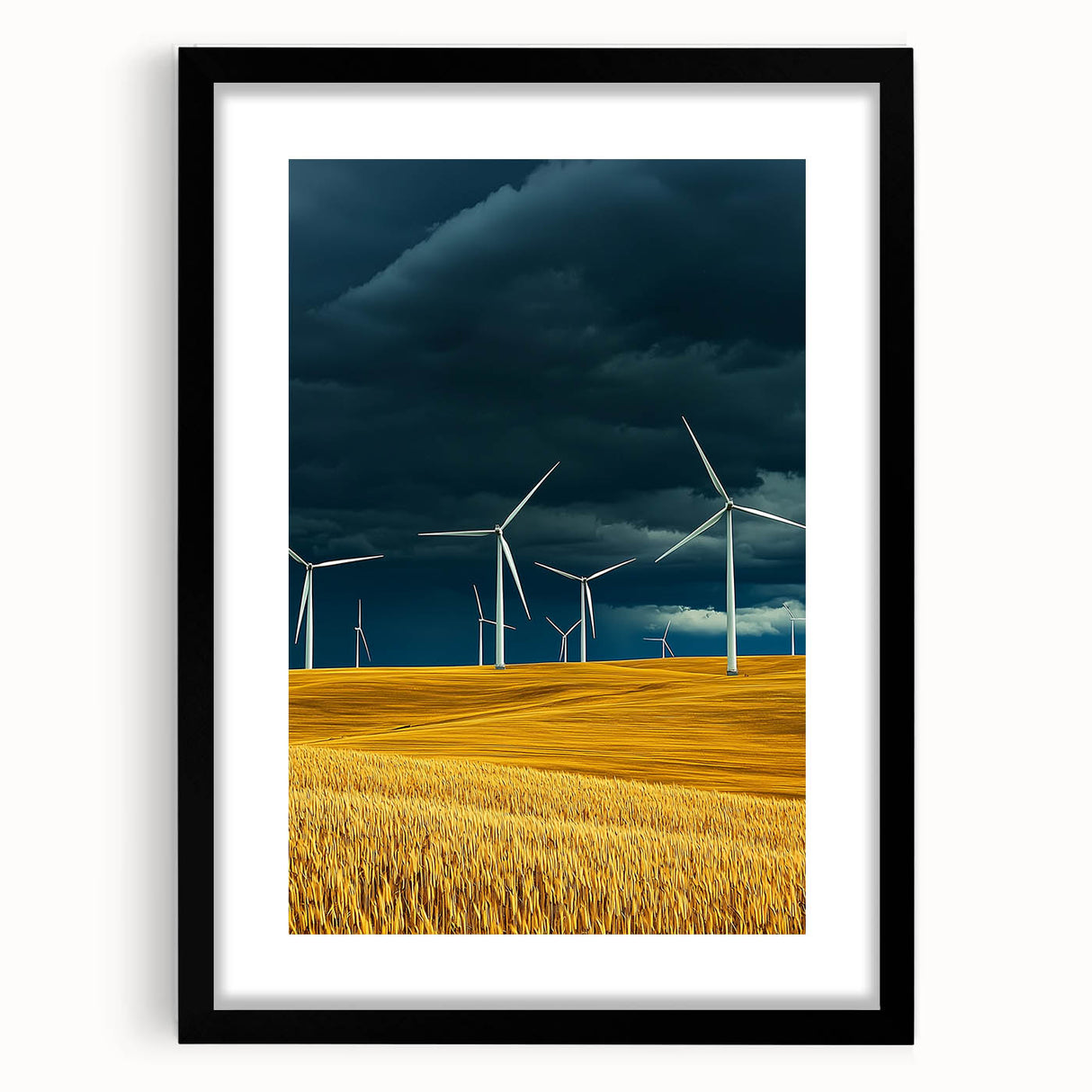 Black-framed landscape artwork featuring vibrant green fields, a serene horizon, and a stylish mat, perfect for enhancing home decor and showcasing nature's beauty.